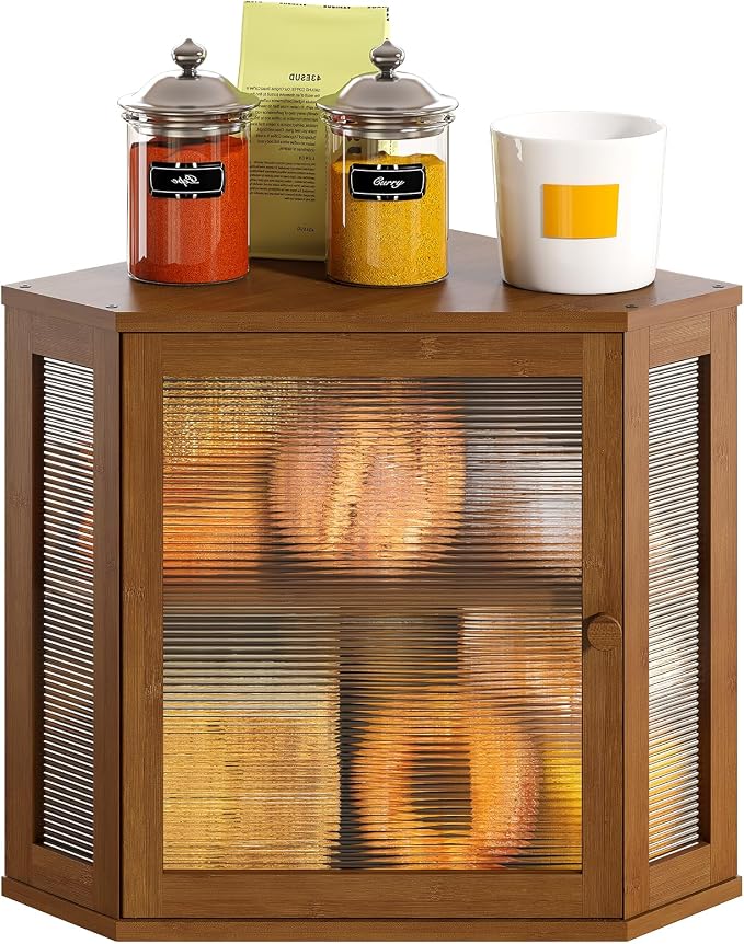 Corner Bread Box, Bamboo Bread Box for Kitchen Countertop, 2 Tier Wooden Bread Storage, Brown