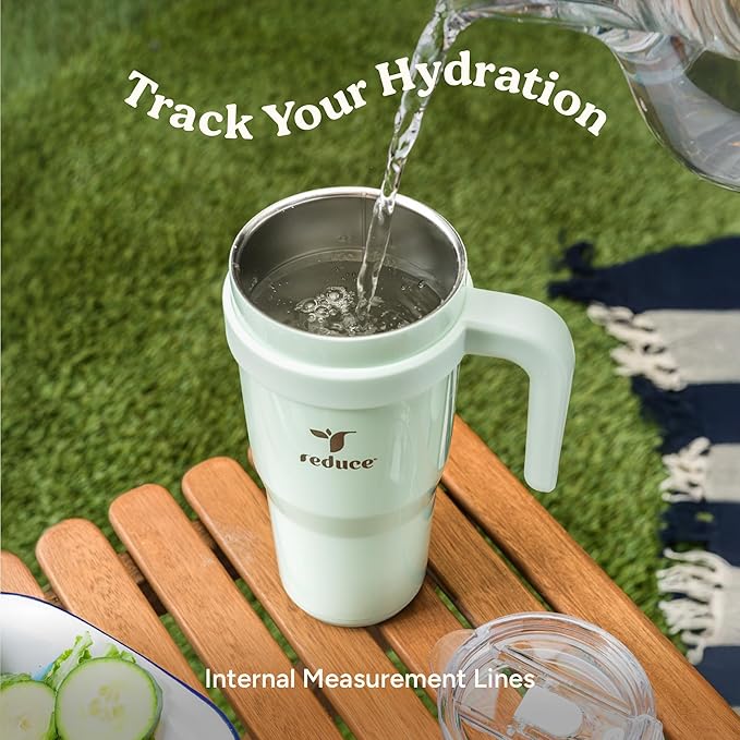 REDUCE 24 oz Tumbler with Handle - Vacuum Insulated Stainless Steel Travel Mug with Sip-It-Your-Way Lid and Straw - Keeps Drinks Cold up to 24 Hours - Sweat Proof, Dishwasher Safe - OG Papaya