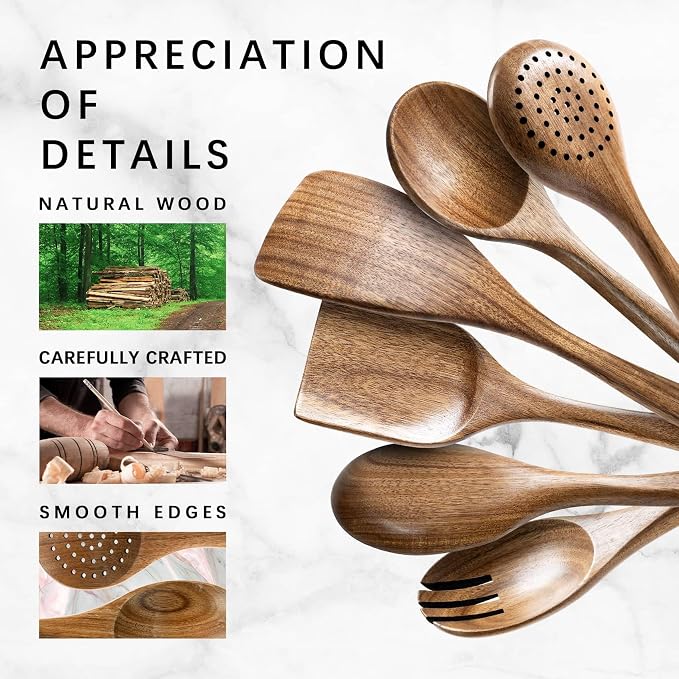 Wooden Spoons for Cooking, 6-Piece Acacia Wood Cooking Utensil Set | Spoons and spatulas stir, mix, flip and serve; balanced handles offer control while staying gentle on nonstick cookware.