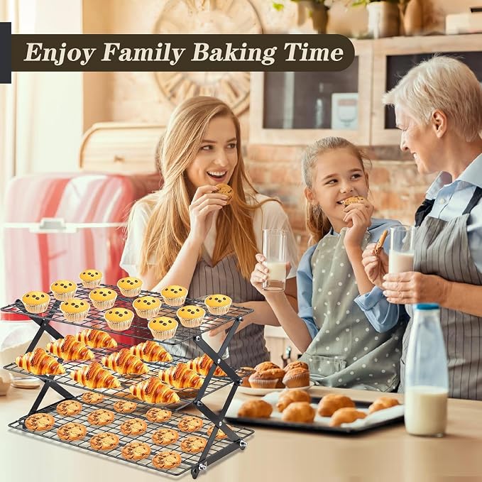 Pleafind 3 Tier Collapsible Cooling Rack - 4 Setting Design, Adjustable ＆ Stackable Baking Rack with X-Shaped Design and Leak-Proof Mesh Surface, Cooling Racks for Cooking and Baking, Dishwasher Safe
