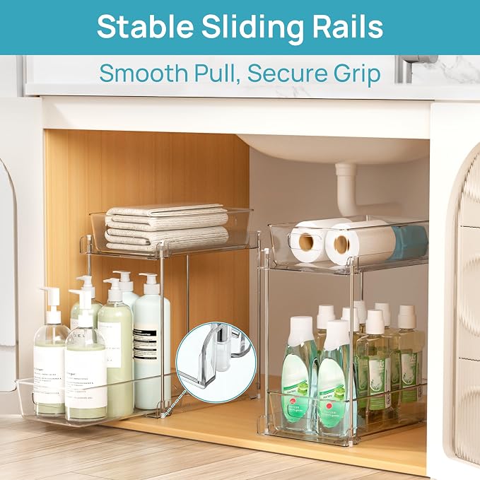 Vtopmart 2 Pack Taller Pull Out Bathroom Under Sink Organizer (S-Higher) | Slide-out drawers, Multi-purpose storage, Clear visibility, Easy Set-up