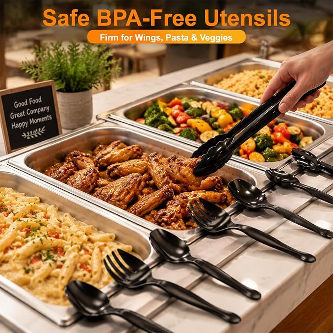36Pcs Disposable Plastic Serving Utensils Set, 12 Black Spoons, 12 Forks, 12 Tongs, 9-Inch for Party Buffet Catering Events, Heavy Duty and Ergonomic Design