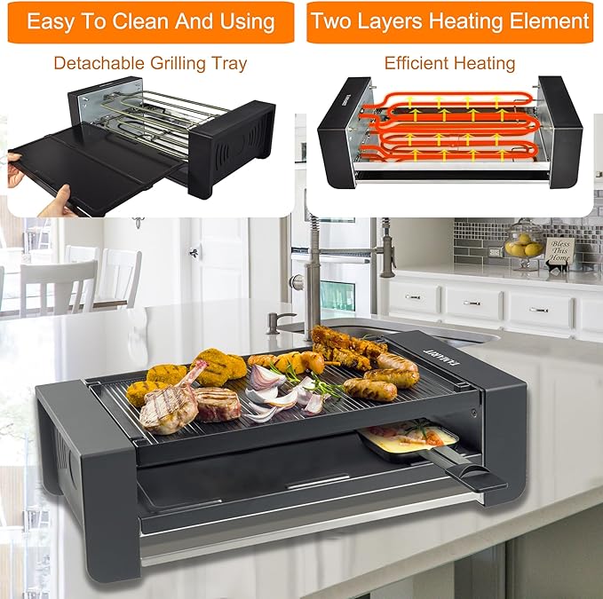TAMARIT Raclette Party Grill, Indoor Electric Table Grill | Raclette Maker, Cast Aluminum Grill Plate, 8 Cheese Trays, 4 Pizza Pans, Dual Heater, for Family Gatherings and BBQ Parties