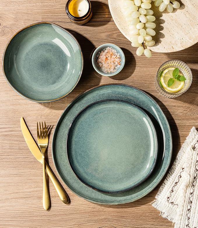 GBHOME Stoneware Dinnerware Sets for 8,24 Piece Rustic Plates and Bowls Set | Earthenware Handmade Reactive Glaze Plate Sets, Chip Resistant Ceramic Dishes, Microwave & Dishwasher Safe, Coastal Teal