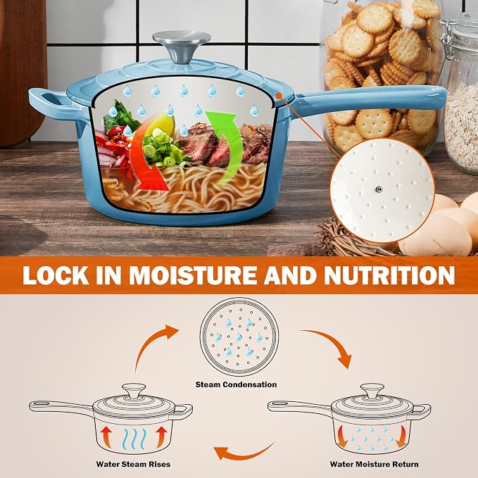 Homikit Small Cast Iron Pot, 2 QT Enameled Cast Iron Sauce Pan with Lid, Heavy Duty Enamel Dutch Oven Kitchen Cookware for Making Pasta, Boiling Soup, Warming Milk, Nonstick & Oven Safe, Sky Blue
