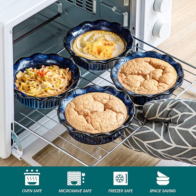vancasso Ceramic Mini Pie Pans Set of 6, 5.2 Inch Small Pie Plates for Baking with Ruffled Edge, Individual Quiche Baking Dishes Tart Pans, Mini Pot Pie Plates for Microwave & Oven Safe, Blue