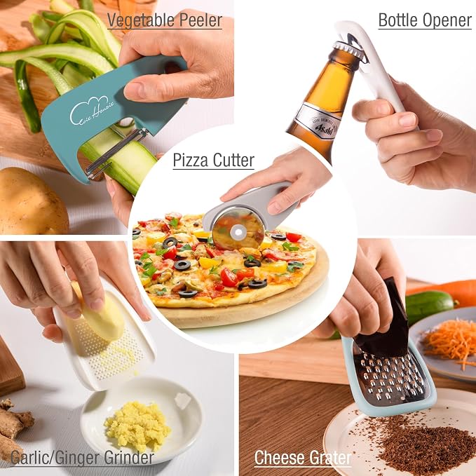 Kitchen Gadgets Set 13 Piece, Essentials for Kitchen RV Camper, Blue | Space Saving Cooking Tools, Includes Cheese Grater, Pizza Cutter, Peeler, Bottle Opener, Garlic Grinder