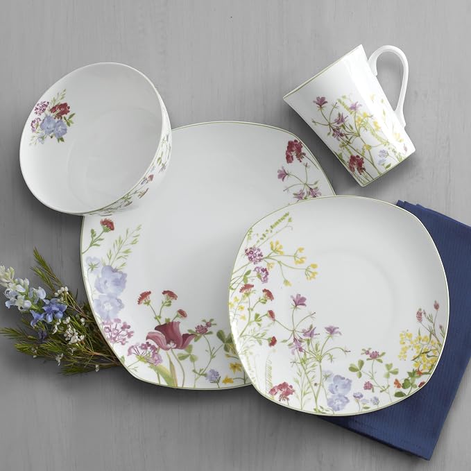 Mikasa Wildflower Garden Dinnerware Set, 16-Piece Bone China Dishes Service for 4, Square Plates and Bowls Set with Mugs, Floral Design, Dishwasher and Microwave Safe