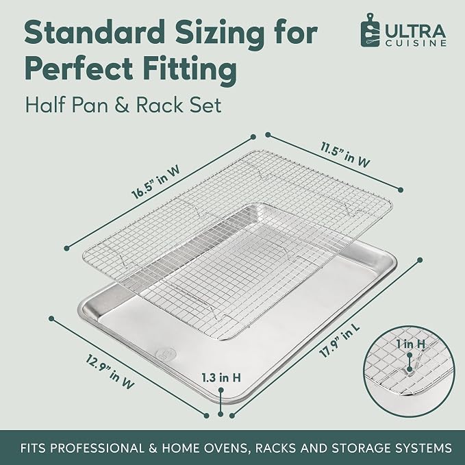 Aluminum Baking Sheet with Cooling Rack Set, 13'' x 18'' | 100% Stainless Steel Rack, Oven Safe, Half Sheet Size Pan, Durable Rimmed Sides, Easy Clean, Commercial Quality for Cooking