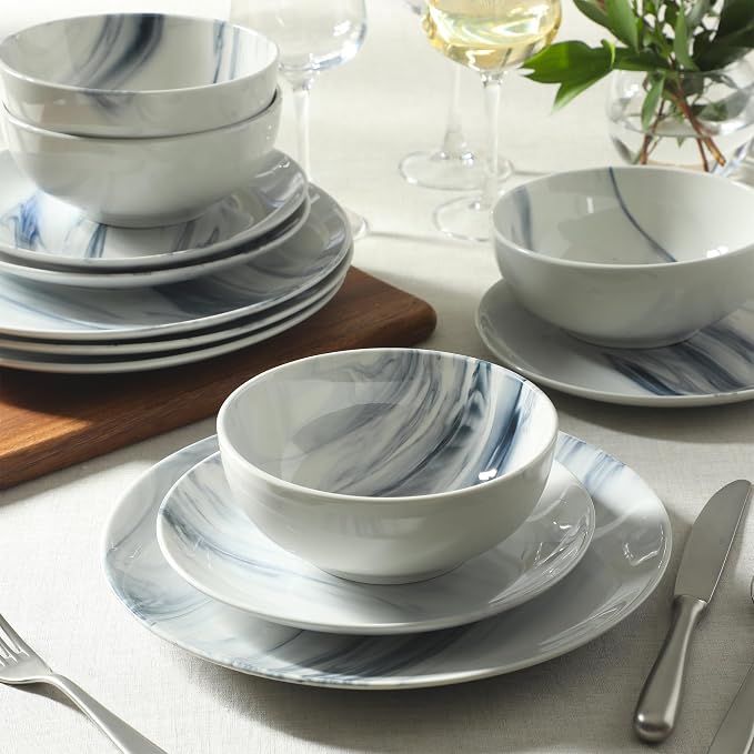 Gibson Home Cloudlight 12 Piece Plates and Bowls Dishes Blue and White - Decorated Porcelain Ceramic Dinnerware Set - Service for 4