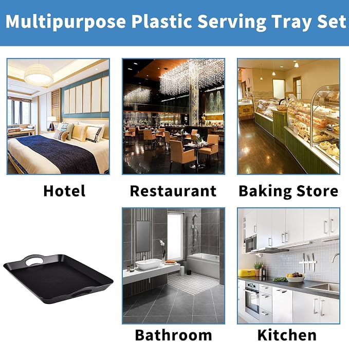 Plastic Tray with Handles, 2 Pack Multi-Purpose Rectangular Non Slip Restaurant Serving Trays Set for Parties, Coffee Table, Kitchen(9.5x14.6 inch) | Non-Slip Surface, Raised Edges, Lightweight Build, Easy Carrying, Restaurant, Coffee Table and Party Use