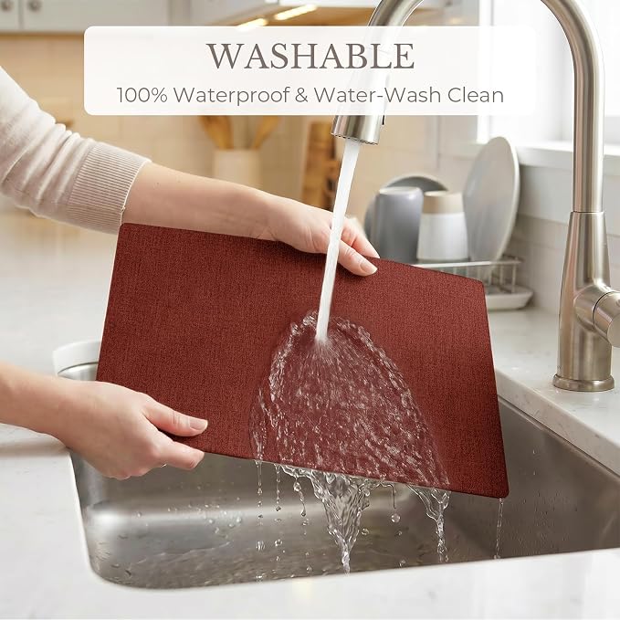 Romanstile Vinyl Placemats Set of 4-12 X 17 Inch - Faux Leather 100% Waterproof Wipeable Anti Slip Place Mats, Heat Resistant Reversible PU Table Mats for Kitchen Dining Party Outdoor, Red
