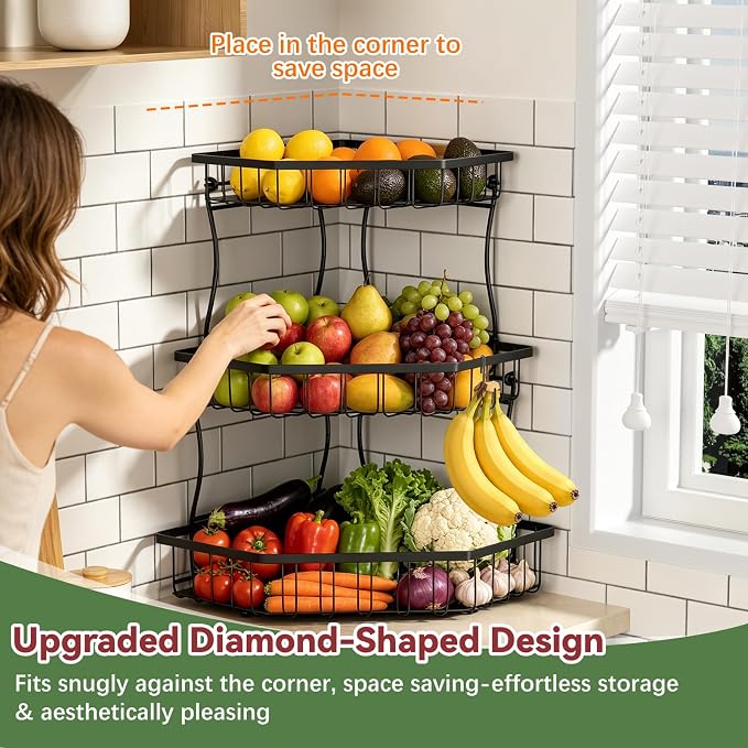 3 Tier Fruit Basket for Kitchen Counter with 2 Banana Hangers for Corner | Detachable Metal Fruit Bowl with Wooden Handle, Large Capacity Fruit Stand for Bread Fruit and Vegetable Storage-Black