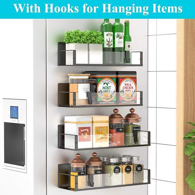 Metal Magnetic Spice Rack for Refrigerator Clear, 4 Pack | Magnetic Shelves Heavy Duty for Fridge in Kitchen, Seasoning Storage Organizer, For Oven Washer and Dryer, For Heavier Items