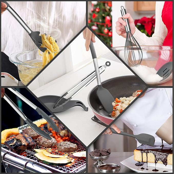E-far Silicone Cooking Utensils Set, 30-Piece Gray Kitchen Utensils Set | Heat Resistant Nonstick Cookware, Kitchen Tools Spatulas with Stainless Steel Handle, Spatulas Turner Tong Spoon Whisk Ladle