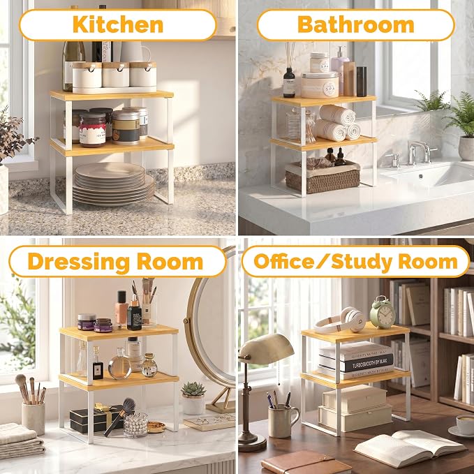 Kitchen Cabinet Organizer Shelf, Set of 4 Wood Kitchen Counter Shelves Riser with Metal Legs, Stackable Expandable Kitchen Storage Spice Rack, Can Cup Dish Organizer, Bamboo