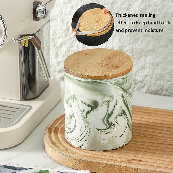 Green Food Storage Jar Strong Ceramic Storage Canisters with Airtight Seal Bamboo Lid Modern Design Seal Damp-Proof Kitchen Jar for Coffee, Tea,coffee