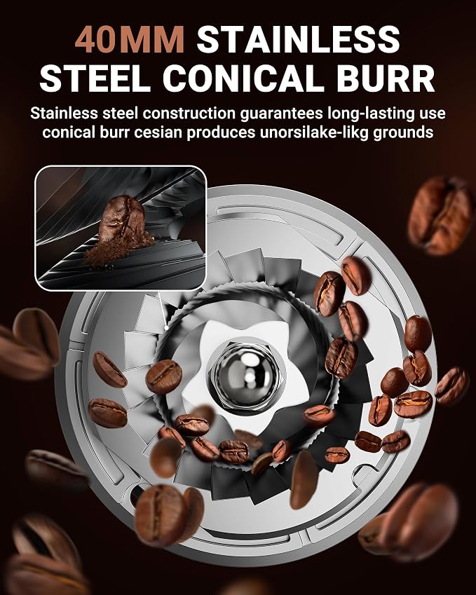 AMZCHEF Conical Burr Coffee Grinder, 48 Grind Settings, Anti-Static Burr Mill with Precision Timer & LED Touchscreen, for Espresso, Drip, Pour Over, Cold Brew & French Press, Stainless Steel, Silver