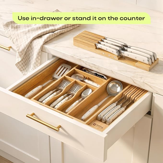 Bamboo In-Drawer Knife Block for 7 Knives – Premium Drawer Knife Organizer Insert, Kitchen Knife Holder for Safe Knife Storage, Compact Kitchen Organization & Drawer Storage