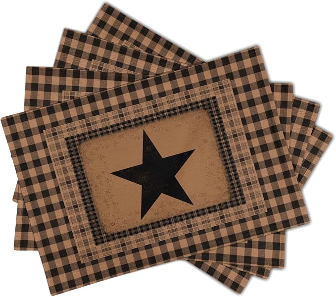 Western Star Placemats Set of 4 ，Texas Themed Primitive Table Mats Vintage Farmhouse Classic Washable Heat Resistant Linen Fabric Rectangle Place Mat 12 x 18 Inch for Indoor Outdoor Home Decor