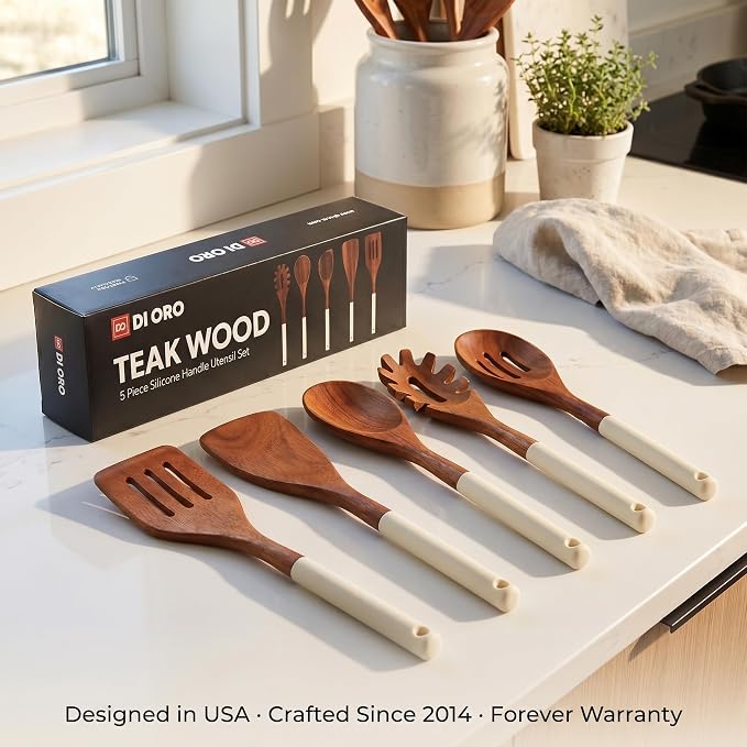 DI ORO Wooden Kitchen Utensil Set - 5 Pc Spoon & Spatula, Cream | Won't scratch nonstick pots and pans; Natural hardwood, easy to hand wash; For cooking, serving, stirring, and turning