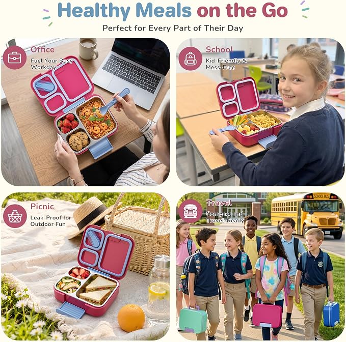 Bento Lunch Box for Kids, 3 Compartment 304 Stainless Steel Food Container with Handle & Spork, Kids Lunch Box Fits Ice Pack, BPA-Free, Rose Red