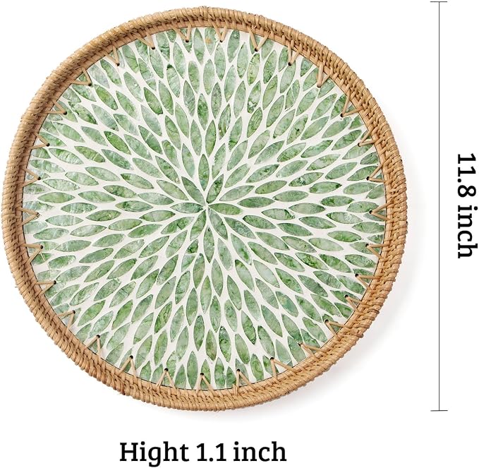 Round Rattan Tray with Mother of Pearl Inlay, Wooden Base | Coffee Table Serving Tray, Home Decorative Wicker Woven, for Outoor Patio Decor