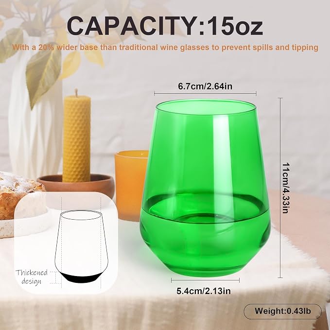 Green Stemless Wine Glasses Set of 6, 15oz Drinking Glassware Dishwasher Safe, Wine Glass Tumblers for Red or White, Gift for Party, Holiday, Anniversary, Restaurant, Home Bar, Daily Use