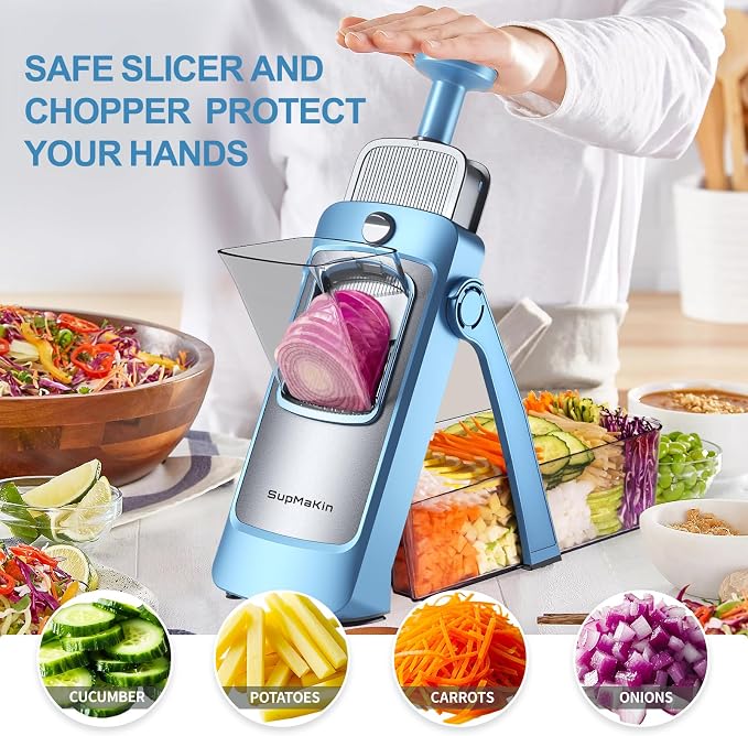 SupMaKin Upgrade Safe Mandoline Slicer,Multi Vegetable Chopper,Potato Slicer, Onion Chopper with Drain Basket Storage Container, Cheese Grater Kitchen Chopping Artifact (BlueGray)