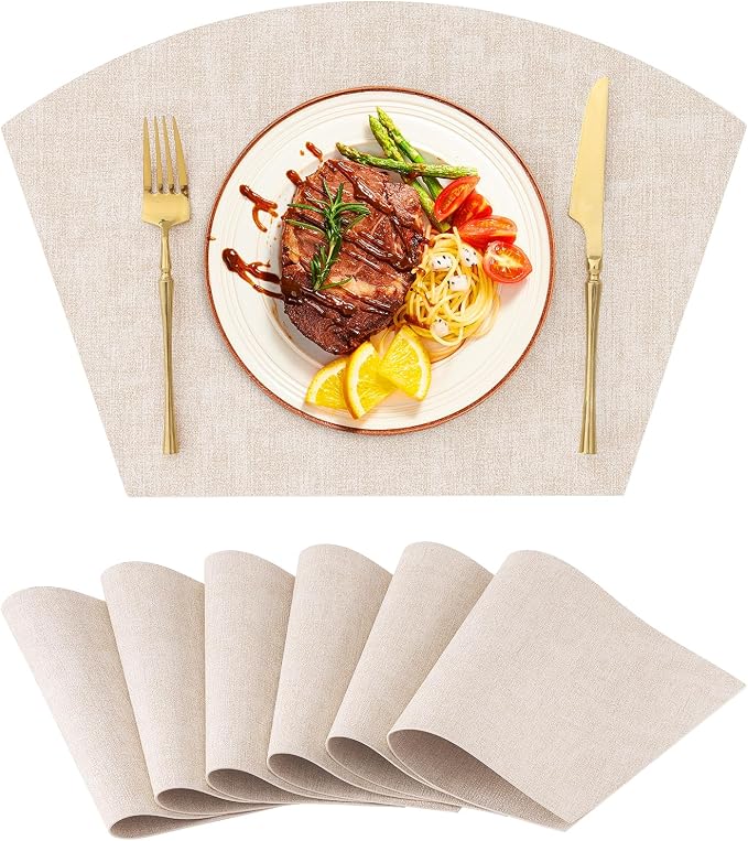 Homaxy Wedge Faux Leather Placemats for Round Table, Set of 6, Beige | Waterproof Wipeable Washable Table Mats, Easy to Clean Anti-Slip Place Mats, 11.8" x 17"