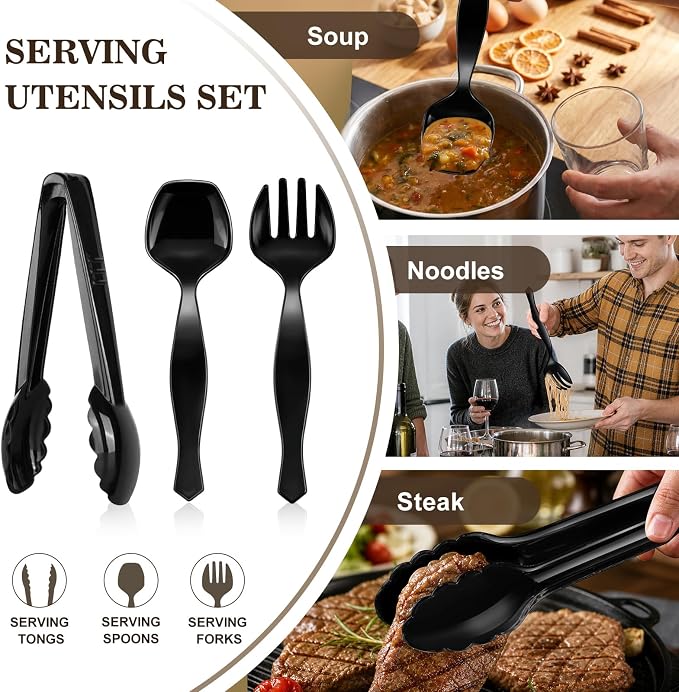 Mwellewm 24Pcs Plastic Serving Utensils for Party Large Serving Spoons for Buffet Disposable Plastic Tongs Set Heavy Duty Slotted Spoons/Forks Supplies for Food Salad Soup Cooking Catering(Black)