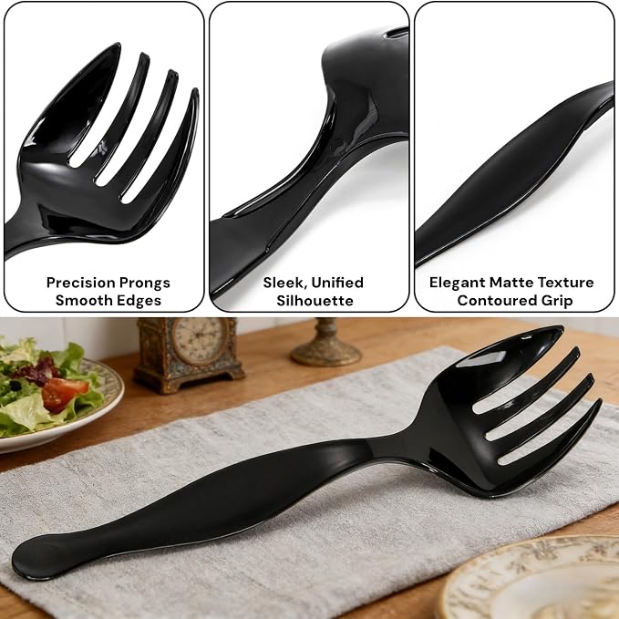 30 Pcs Plastic Serving Utensils, Disposable Black Serving Spoons Forks Tongs, 9'' Heavy Duty Party Utensil for Catering Buffets Dinner Weddings Salad Noodles Soup Daily Use