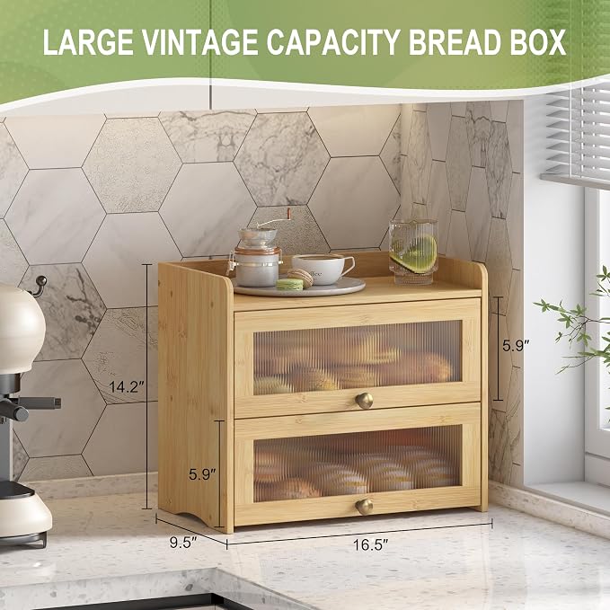 Large Vintage Bread Box for Kitchen Countertop Homemade Bread, Bamboo | Farmhouse Wooden Double Layer Breadbox Organizer Bread Holder Storage Container with Window