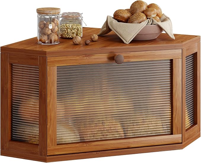 WOWLIVE Corner Bread Box, Bamboo Bread Storage with Acrylic Wavy Door | Breadbox for Kitchen Countertop, Large Farmhouse Bread Holder for Homemade Bread, Multi-functional Container, Caramel