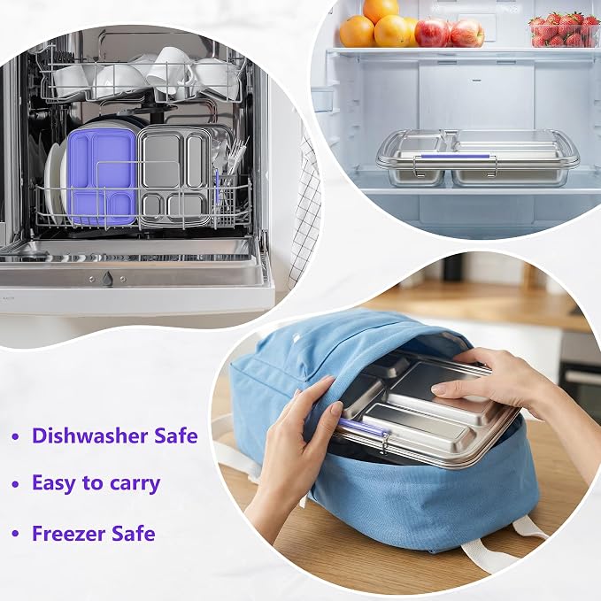 Stainless Steel Bento Lunch Box for Kids & Adults, 4 Compartment Kids Lunch Box, Metal Bento Box with Silicone Container and Stainless Steel Sauce Container,BPA-Free,School,Office(Purple)