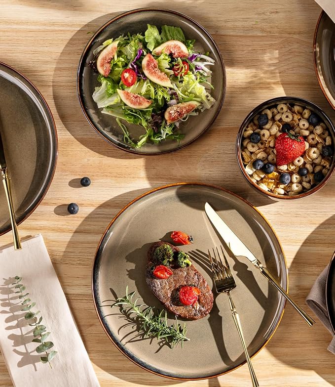 Ceramic Dinnerware Set for 4, 16-Piece Plates and Bowls Set | Handmade Reactive Glaze Dish Set, Scratch Resistant, Oven & Microwave & Dishwasher Safe, Mocha Brown