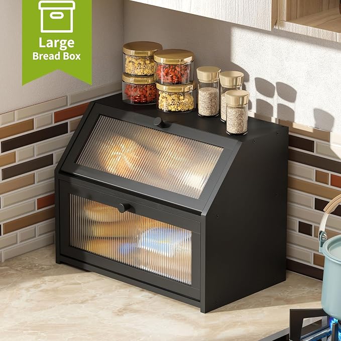 BMOSU Large Double Layer Bread Box for Kitchen Countertop, Bamboo Wood Capacity Bin Storage (Black)