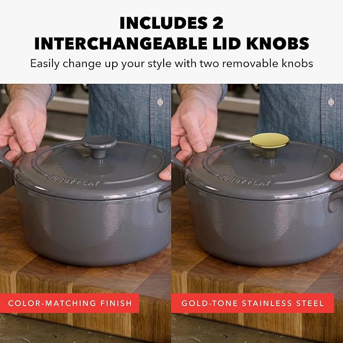 GreenPan x Bobby Flay 5.5QT Enameled Cast Iron Dutch Oven With Lid, Slate | Casserole Pot for Braising, Stews, Bread Baking & Searing, Self-Basting Lid, Induction Ready, Oven Safe To 500, Gold Lid Knob
