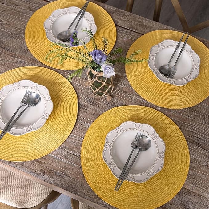 FunWheat Round Braided Placemats Set of 4 Table Mats for Dining Tables Woven Washable Non-Slip Place mats 15inch (Yellow, 4pcs)