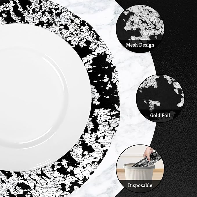 comfoyar Disposable Black Placemats Set of 50, Metallic Round 13 Inch Foil Mesh Pressed Doilies Place Mats, Table Mats for Dining Party Weddings Birthday Holiday Kitchen Home, Tableware Decoration
