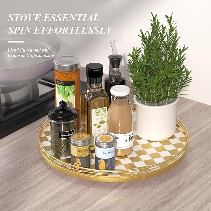 AMH 16-Inch Gold and White Checkerboard Lazy Susan with Rubberwood Base | Smooth rotating oak tray with walnut finish for dining tables, kitchen counters, pantries and cabinet storage.