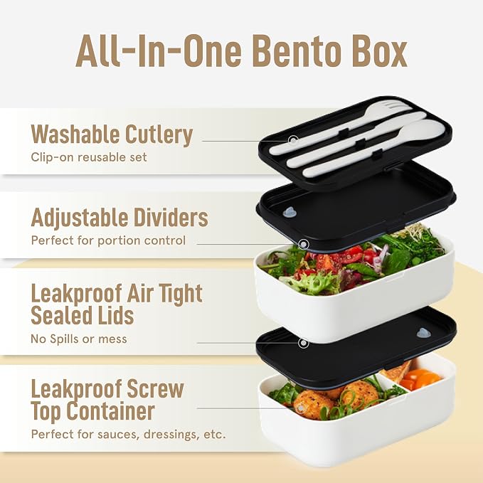 Double Premium Bento Box Adult, 67oz, Stackable, Meal Prep, Cream | 67 oz Capacity, Stackable Containers, Leak-Proof Design, Includes Dividers, Great for Meal Prep, Office Lunchbox