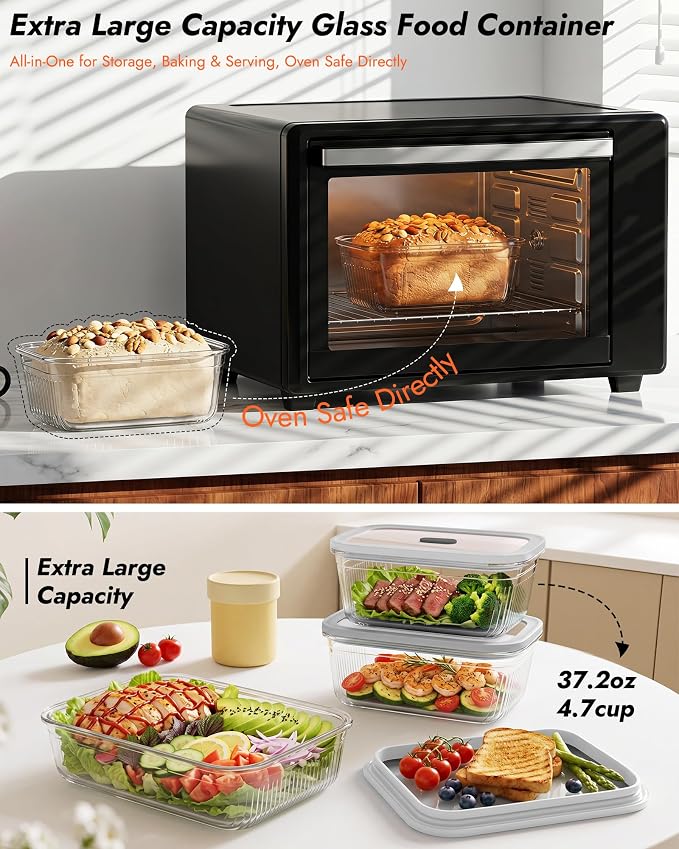 4-Pack Glass Food Storage Containers with Tempered Glass Lids, 4.6 Cup (37.2oz) Airtight, Oven & Microwave Safe (-4°F~950°F), Leakproof Meal Prep & Lunch Containers