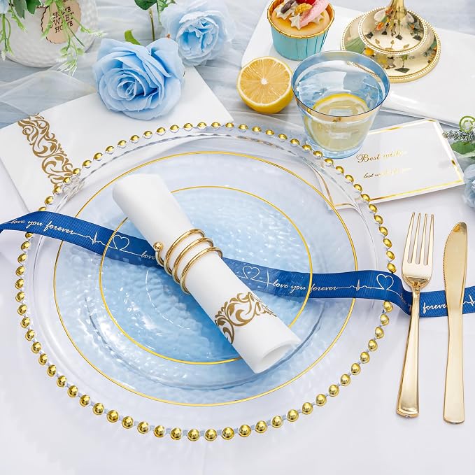 DaYammi 175PCS Clear Blue Gold Plastic Dinnerware Set for 25 Guests, Hammered Disposable Plates for Party, Include: 25 Dinner Plates, 25 Dessert Plates, 75 Gold Silverware, 25 Napkins, 25 Cups
