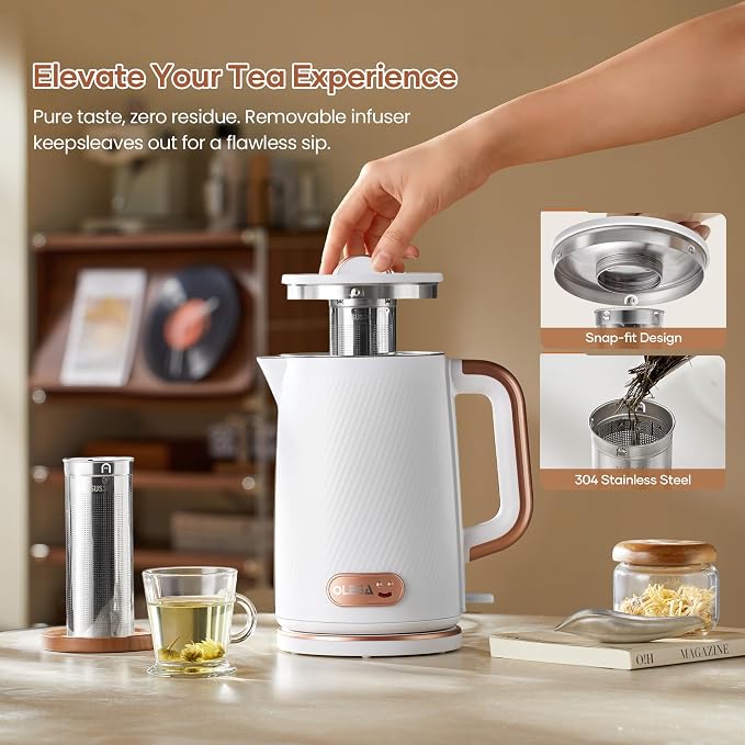 OLEGA Electric Kettle: 1200W Fast Boil Tea Kettles with Tea Infuser 1.5L | Stainless Steel Kettle; Electric Water Kettle with Strainer; Plastic Free Teapot; Auto Shut-Off Water Boiler