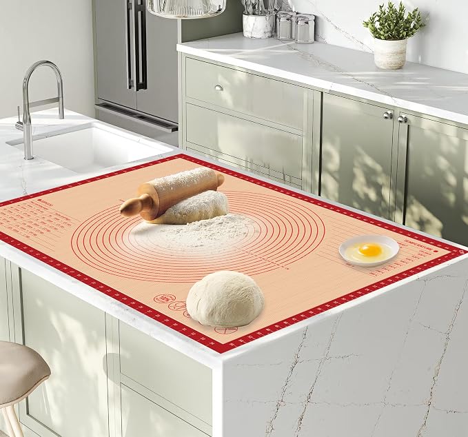 Extra Large Silicone Pastry Mat for Counter Rolling Dough,26x16 Inch,0.75mm Thick,Non Slip Silicone Baking Mat with Measurement(26 x 16 In,Red)