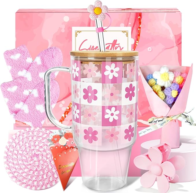 ANOTION Birthday Pink Glass Cup with Handle Gift Box for Women | Coquette Gift Basket for Her, Glass Cup with Handle, Fuzzy Socks, Knitted Coaster, Plush Bouquet