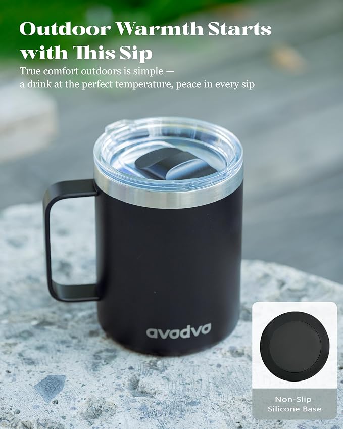 12oz Insulated Coffee Mug with Lid – Includes Two Lids, Stainless Steel Coffee Travel Mug with Handle, Double Wall Vacuum Insulated Camping Mug for Home, Office & Outdoor, Cool Gray