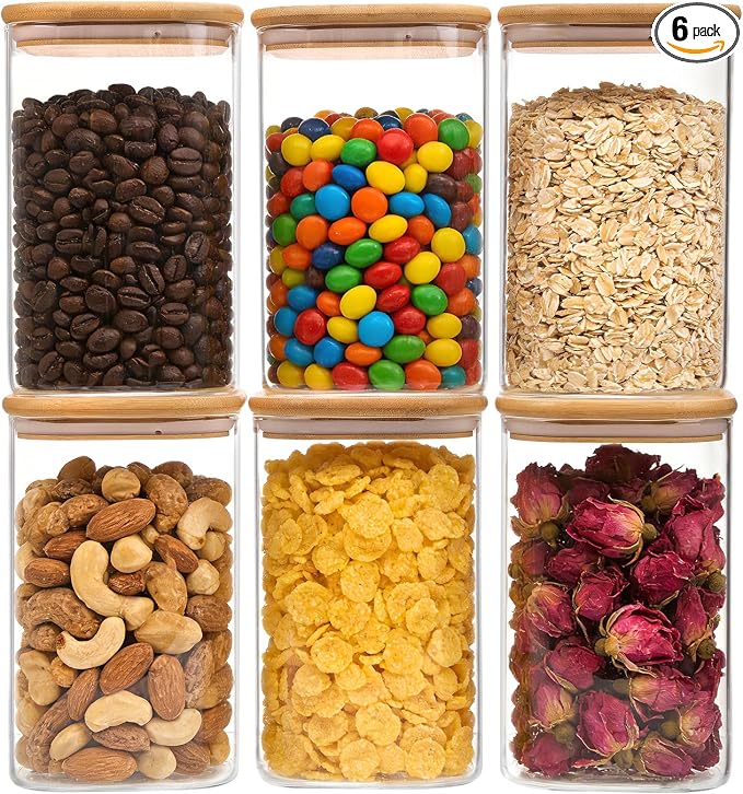 Moretoes 6pcs Glass Food Storage Containers with Lids, 1.2qt Glass Jars | Square Glass Storage Containers with Bamboo Press Lids, Airtight Pantry Storage Jars for Flour, Sugar, Dry Goods
