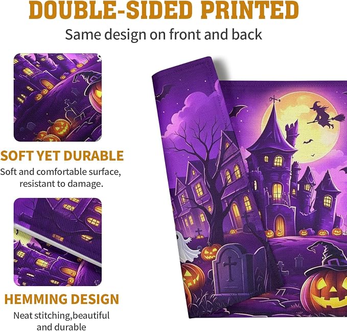 Purple Halloween Placemats Set of 4 Castle Witch Bats Pumpkin Spooky Place Mats Farmhouse Fall Holiday Table Mats for Party Kitchen Dining Outdoor Indoor Decor